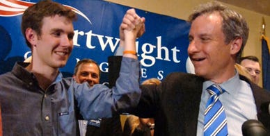 Matt Cartwright of Moosic, the Democratic nominee for Pennsylvania's 17th Congressional District, rejoices in victory with his son Jack, 19, late Tuesday night at the Hilton Scranton and Conference Center in downtown Scranton.