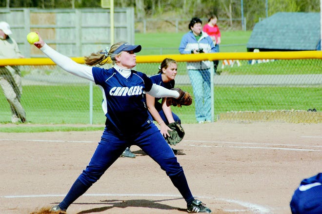 Hillsdale’s Laura Homan winds up and delivers during the first game of Wednesday’s doubleheader at Spring Arbor University.