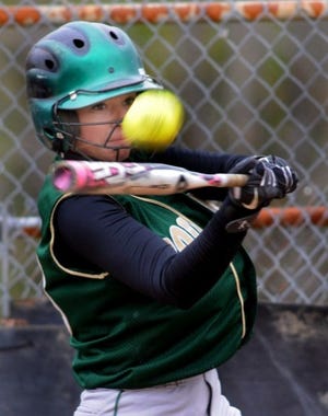 Blackhawk's Megan Davis gets a hit during the Cougars' victory over Ellwood City Saturday.