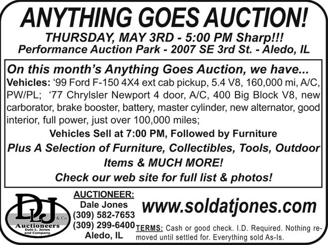 Anything Goes Auction is May 3 at 5 p.m. at Performance Auction Park at 2007 SE 3rd St, Aledo