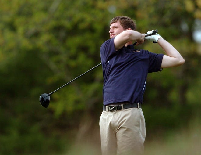 Woodstock Academy’s Greg Pike watches his drive on the ninth hole during the Centaurs’ 61/2-1/2 win over Norwich Free Academy at Quinnatisset Country Club in Thompson.