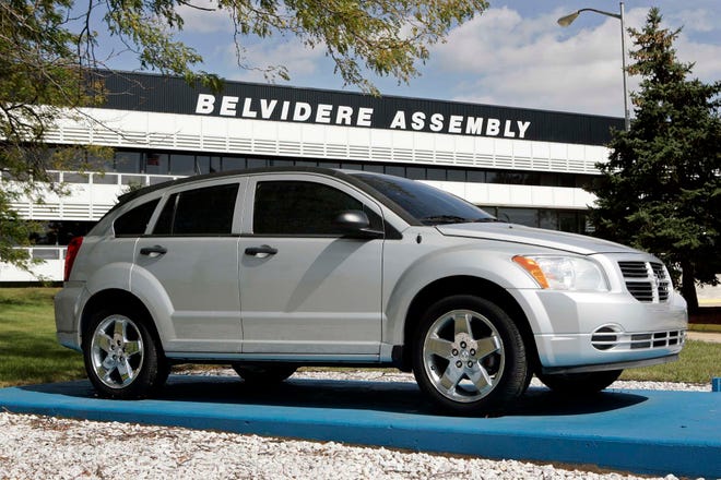 A Dodge Caliber on display Tuesday, Sept. 20, 2011, at Chrysler's assembly plant in Belvidere.