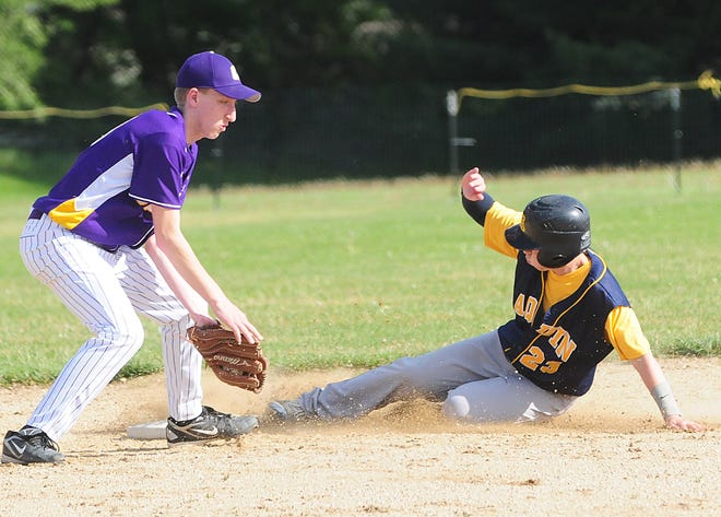 Aquin's Patrick Schmelzle slides safely in to second base covered by Orangeville's Adam Obert Thursday at Orangeville High School.