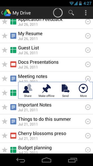 This screenshot provided by Google demonstrates the new Google Drive service using an Android device. Moving digital files between your work and home computers can be a pain. Add smartphones and tablet computers to the mix, and you've got yourself a giant headache. Google Inc. unveiled its solution to the problem last week, while two other companies, Dropbox Inc. and Microsoft Corp., improved their existing offerings. The idea is to leave your files on their computers, so that you can access them from any Internet-connected device, wherever you are. (AP Photo/Google)