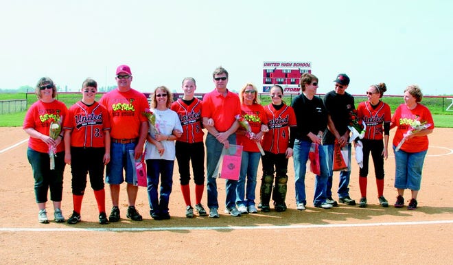 United seniors Kelsey Crain, Amy Olson, Megan Patterson and Ashlynn Winkler were honored on Senior Day before a doubleheader with Galva-Williamsfield.