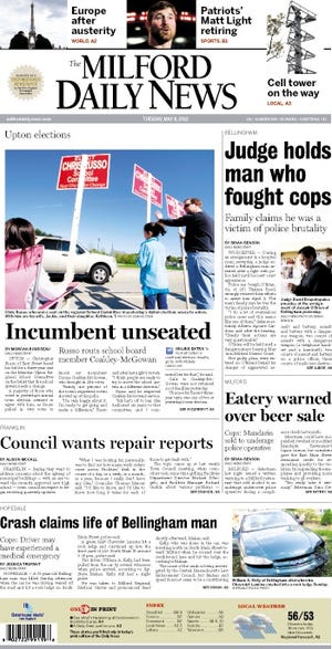 The front page of the Milford Daily News for 5/8/12
