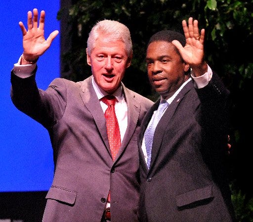 Former President Bill Clinton was joined on stage by Mayor Alvin Brown after his talk. Former President Bill Clinton spoke at the Times-Union Center's Terry Theater on Friday, May 11, 2012 Jacksonville, Fla.