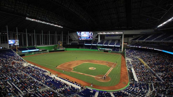 A view of Marlins Park from the upper deck behind home plate during an exhibition game on March 6, 2012.
