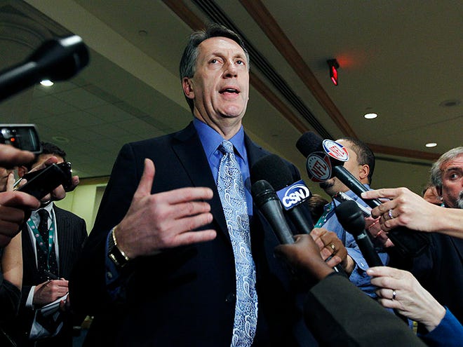 In this March 2, 2011, file photo, NFL spokesman Greg Aiello talks to reporters after a meeting with team owners at a hotel in Chantilly, Va. According to a league memo to its officiating scouting department, the NFL is looking for potential replacement officials while it negotiates with the officials' association on a new contract. (AP Photo/Luis M. Alvarez, File)