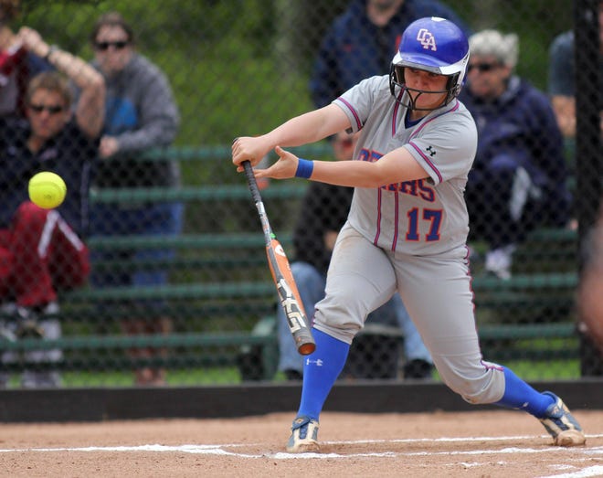 Coast Guard catcher Jessica Richardson hits a single during the Bears’ 2-1 win over Ithaca on Thursday.