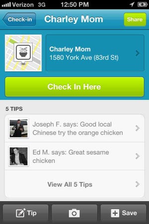 This screen shot shows the Foursquare mobile site. Foursquare is a social network that lets you tell friends and family where you are.   Through the smartphone app, you broadcast your whereabouts, or "check in" to those places. (AP Photo/Foursquare)