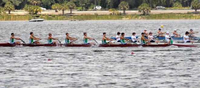 The Sarasota Scullers compete in the men's championship 8+ event during the 
Southeast Youth Championship Regatta at Benderson Park in Sarasota on 
Saturday. A record-setting 380 boats were entered in this weekend's regatta, 
which concludes today. PHOTO / CRAIG LITTEN