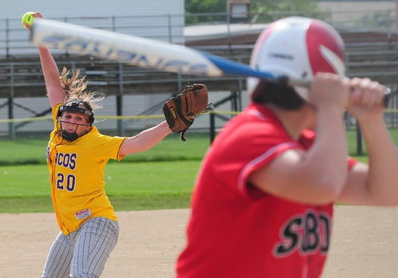 Orangeville's Crystal Rote pitches against South Beloit Tuesday during the Orangeville IHSA Class 1A Regional.