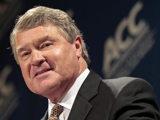 In this Oct. 19, 2011, file photo, Atlantic Coast Conference Commissioner John Swofford speaks during the ACC Operation Basketball media day in Charlotte, N.C. Swofford said Wednesday, May 16, 2012, that the possibility of Florida State leaving the league was not brought up "in any formal way" during this week's meetings.