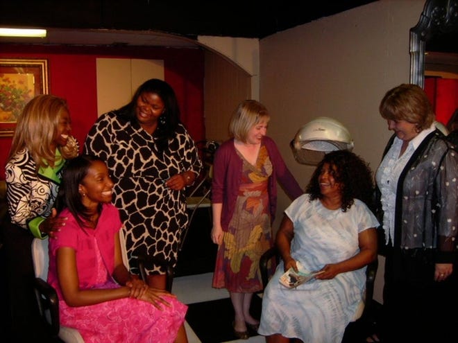 Members of the cast of “Steel Magnolias” include, seated, from left, Amanda Edwards and Brenadette Harper, and standing, from left, L’Tanya VanHamersveld, Shetiquea Davis. Laurel Ring and Sue Addis. (Special to the Guardian)