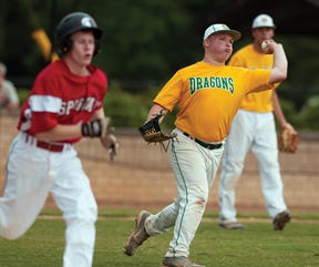 West Davidson pitcher Justin Freeman throws to first base after fielding a bunt by Central Davidson.