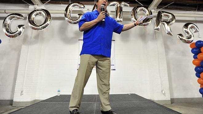 Florida football coach Will Muschamp speaks at the Gator Gathering at the Greater Jacksonville Fair and Expo Center on Tuesday, May 1, 2012, in Jacksonville.