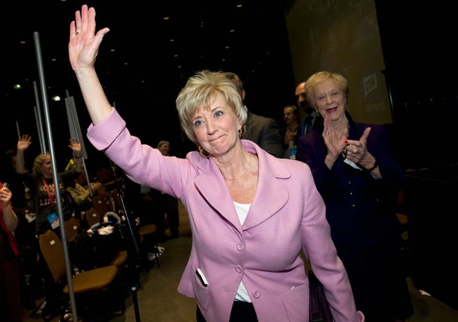 Republican candidate for U.S. Senate Linda McMahon celebrates after her endorsement Friday, May 18, 2012, at the Republican state convention in Hartford.