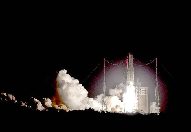 The 100th and 101st commercial geostationary communication satellites built by Lockheed Martin in Newtown Township were launched Tuesday from South America aboard an Ariane 5-ECA launch vehicle. The satellites were built for customers in Japan and Vietnam. Photo credit: .