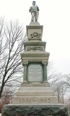 The Civil War monument in Brockton's Perkins Park. It bears this inscription: "Erected in memory of the soldiers and sailors from North Bridgewater, brave defenders of the Union.: