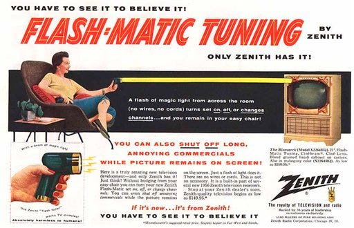 This undated photo of a 1955 advertisement, provided by LG Electronics, shows an ad for a Zenith "Flash-Matic," the first wireless TV remote control.