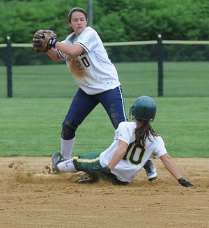 Coyle-Cassidy freshman Kristen Caporelli gets set to turn the double play as Dighton-Rehoboth's Jill Rocha attempts t break up the play in Monday's game at Coyle-Cassidy High School.
