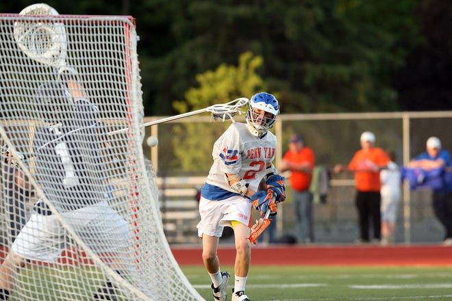 Penn Yan’s # 2 Sean Emerson releases a shot on the Webster-Thomas goal, but his the uprights.