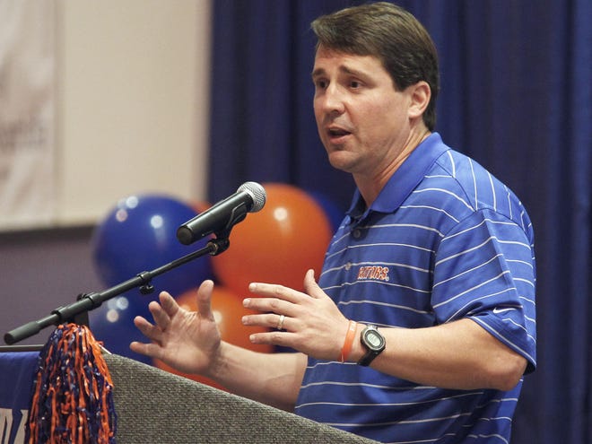 In this May 15, 2012 file photo, Will Muschamp, Gator football head coach, speaks during the annual Gator Gathering at The Lakeland Center in Lakeland.