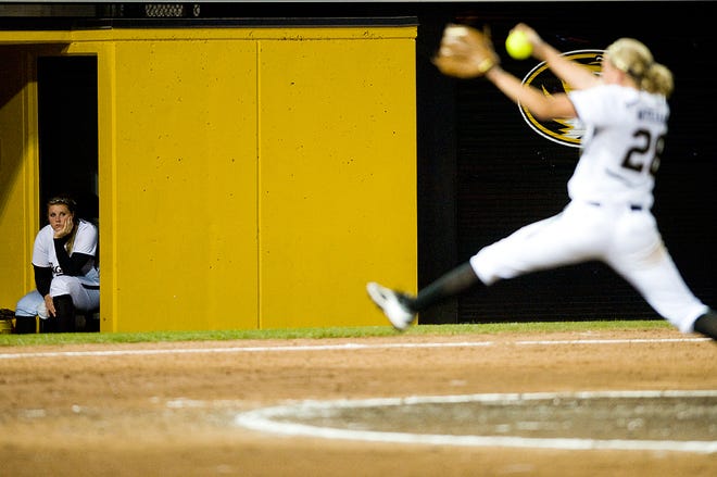 Missouri starter Chelsea Thomas watches reliever Kristin Nottelmann pitch in Saturday night’s 6-1 loss to LSU in the opener of the NCAA Columbia Super Regional at University Field. Thomas was uncharacteristically wild, walking six and hitting two batters in the loss.