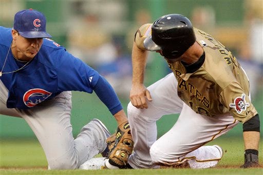 Pittsburgh Pirates' Neil Walker, right, steals second ahead of the tag by Chicago Cubs second baseman Darwin Barney during the second inning of a baseball game in Pittsburgh, Saturday, May 26, 2012. (AP Photo/Gene J. Puskar)