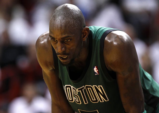 Kevin Garnett looks down during the second half of the Celtics' loss to the Heat on Monday night in Game 1 of their Eastern Conference final series in Miami.