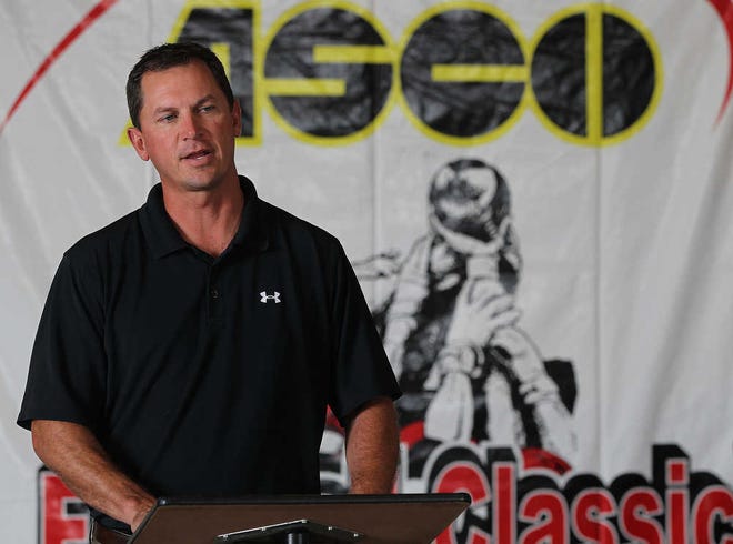 Shallowater football coach Kyle Maxfield speaks on Tuesday at a news conference for the ASCO Football Classic. The high school all-star game is scheduled for June 9 at Cooper.