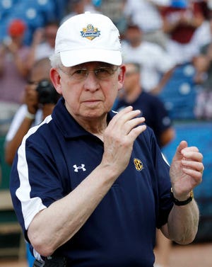 In this Sunday, May 27, 2012, photo, Southeastern Conference Commissioner Mike Slive appears during an NCAA college baseball game at the SEC tournament championship in Hoover, Ala. Football coaches from the powerhouse and recently expanded league were in unison, Tuesday, May 29, that they want a proposed four-team playoff to include the best teams in the country - and not be tied to conference champions. Their solidarity comes as no surprise considering the league has won six consecutive Bowl Championship Series national titles, with the latest one coming when Alabama knocked off LSU after not winning its division or even reaching the league championship game. (AP Photo/Dave Martin)