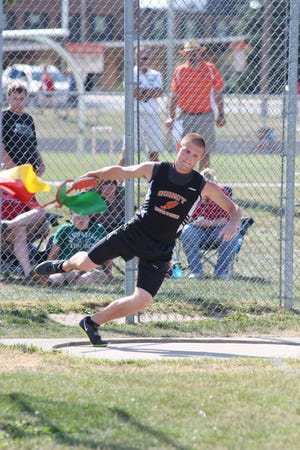 Quincy’s Levi Drumm took first in the discus on Tuesday, with a toss of 144’10”.