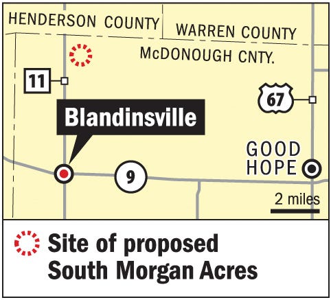 The graphic above shows the site in northern McDonough County for the proposed South Morgan Acres hog farm. Last week, the state’s Department of Agriculture approved the facility’s construction plans.