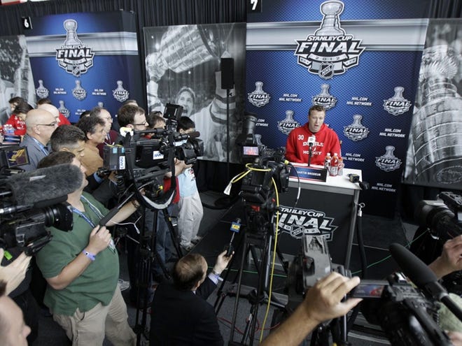 New Jersey Devils goalie Martin Brodeur talks to the press during NHL hockey Stanley Cup Final media day, Tuesday, May 29, 2012, in Newark, N.J