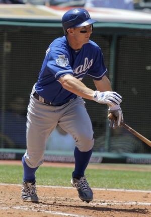 Kansas City Royals' Johnny Giavotella watches his RBI single to center, scoring teammate Alex Gordon, during the fourth inning of a against the Cleveland Indians in Cleveland on Wednesday. (AP Photo/Amy Sancetta)