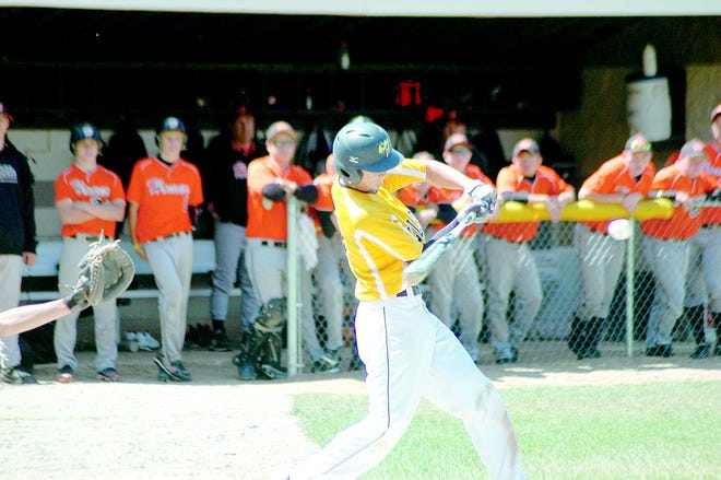 Hillsdale's Jimmy Chase takes a swing at a pitch in the first inning of the Hornets' district championship game against Homer Saturday afternoon at Hanover-Horton High School.