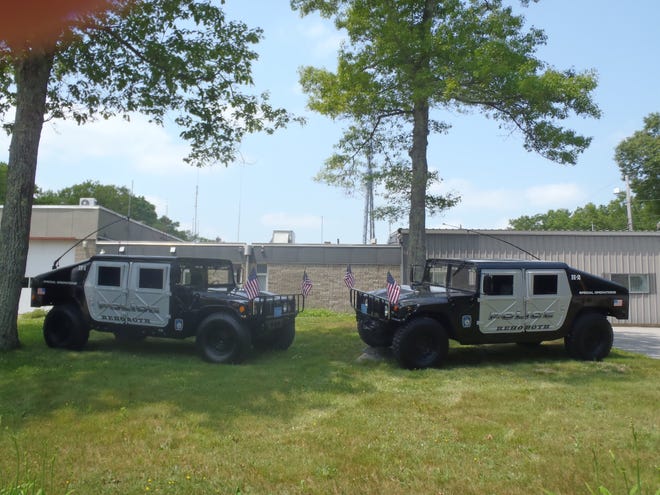 The Rehoboth Police Department is now equipped with three surplus military Humvees, thanks to the efforts of Patrolman Christopher Warish.
The mileage on the three High Mobility Multipurpose Wheeled Vehicles (HMMWV) range from 8,135 to 16,618 and were acquired through the United States government’s surplus property program after justifying the need for the vehicles, according to a press release.