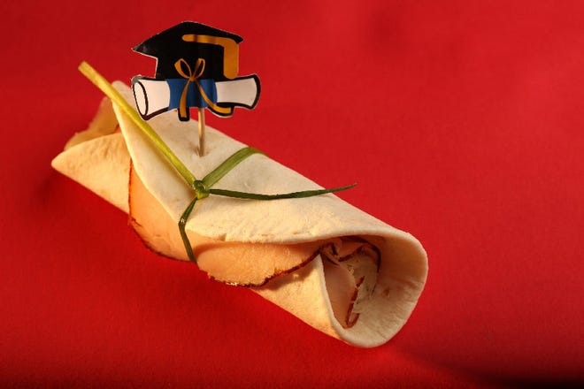 The same old bread sandwiches won't do for a graduation party. Try wrapping up thinly sliced deli meats and cheeses in a flour tortilla, tying it shut with a chive, diploma-style.