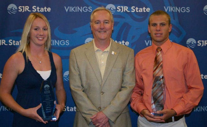 SJR State president Joe Pickens, J.D. presents Athlete of the Year awards to Heather Sutliff and Matt Pennington. Contributed photo