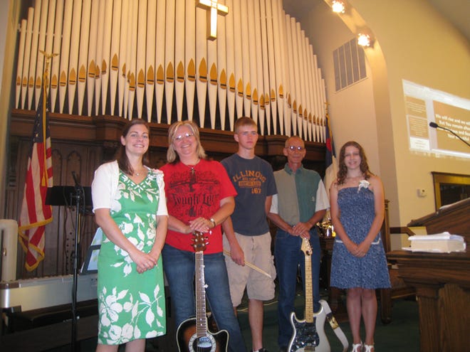 Area praise bands, including this group from Reynolds United Methodist Church will be performing at the Aledo Band Shell on Saturday, June 30. Pictured from left are: Tami Clark, Anita Sedam, Kevin McCutchan, Bob Phillips and Lauren Hoffman. Missing from the picture is Shenae Sedam.