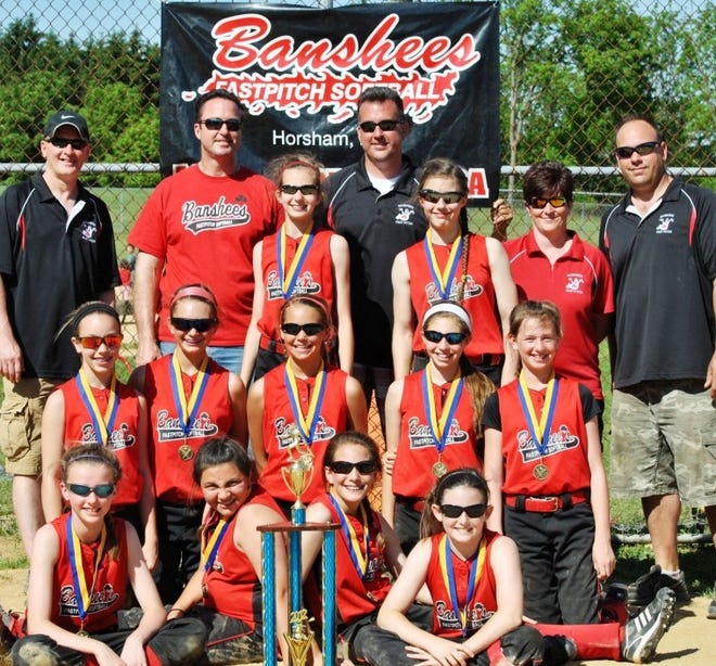 The Banshees Red under-12 softball team won the Keith Oates Memorial Fastpitch Invitational USSSA World Series Qualifier. Team members include (front row, from left) Casey Taylor, Brittany Hubler, Sarah Tannebaum and Jessica Carey. In the second row are Cameron Dillon, Emily Gilliard, Kaylee Richard, Jordan O'Connor and Sierra Mosiniak. In the third row are coaches Mike Mosiniak and Brian Browne, Jenny Locke, Head coach Jim Taylor, Marisa Browne and coaches Jen Carey and Jeff Dillon. Carly Jensen and Hayley Divita are missing from the photo.