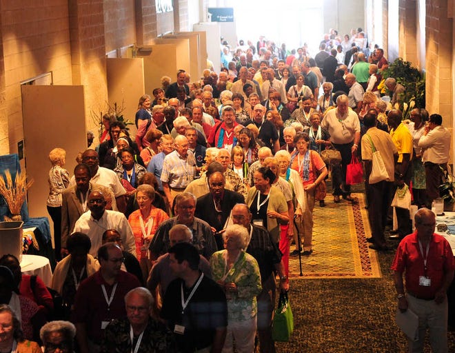 A large crowd heads from a conference during the North Georgia United Methodist Annual Conference at the Classic Center on Thursday, June 14, 2012 in Athens, Ga. (Richard Hamm/Staff)