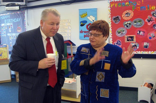 Voluntown Elementary School Principal Mary Chinigo talks to state Rep. Steve Mikutel, D-Griswold, in one of the district's preschool classrooms on March 23, 2009.