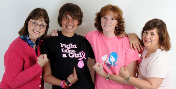 These women all have something in common, and it's brought them very close together. All four are breast cancer survivors. Sharon Henifin, left, and Becky Olson, both live in Oregon and started the group, Breast Friend. Vivian Vega, second from left, from Albrightsville, and Kelli Mercurio, of Stroudsburg, are friends who decided to open a branch of the breast cancer survivor group here in the Poconos.