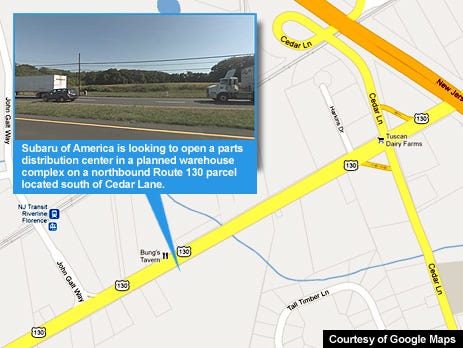 Subaru of America is looking to open a parts distribution center in a planned warehouse complex on a northbound Route 130 parcel located south of Cedar Lane.