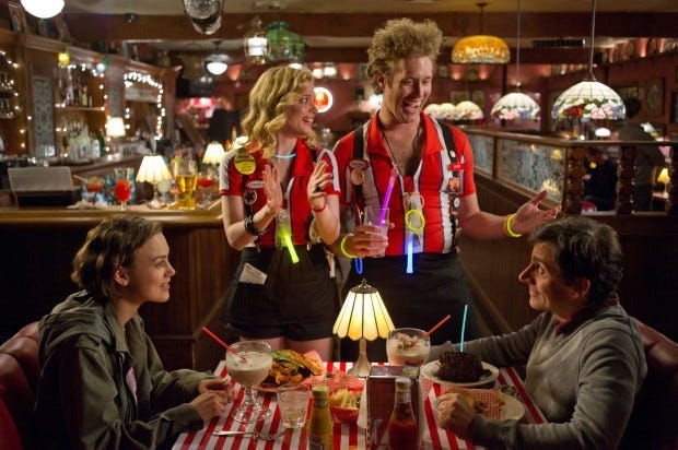 From left to right: Keira Knightley as Penny, Gillian Jacobs as Katie, T.J. Miller as Darcy the Chipper Host, and Steve Carell as Dodge in a scene from "Seeking A Friend for the End of the World."