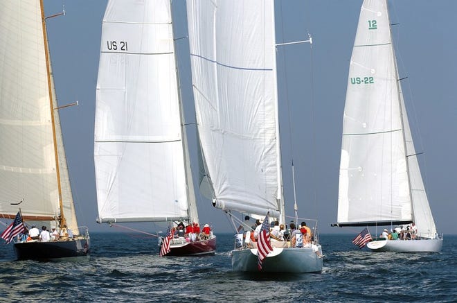 From left, Northern Light, American Eagle, Weatherly and Intrepid compete in the South County Regatta on Thursday off the coast of Narragansett.