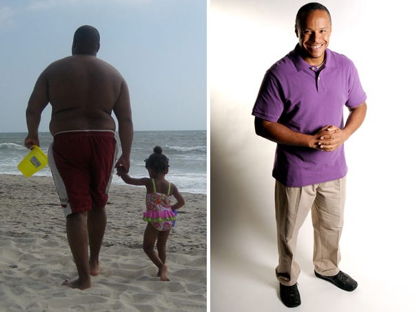 Bratis Roseboro (before, left) lost more than 100 pounds.